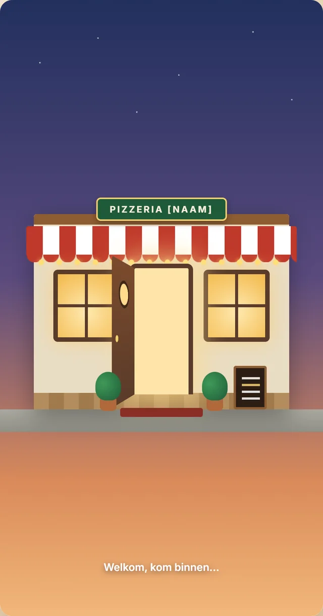 Het pizzaspel: de gevel van de pizzeria met de naam van de zaak erop