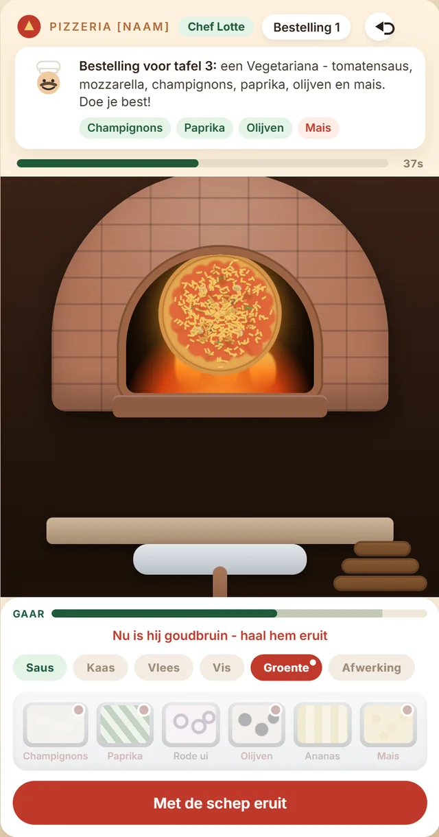 Het pizzaspel: de pizza gaat op de schep de steenoven in