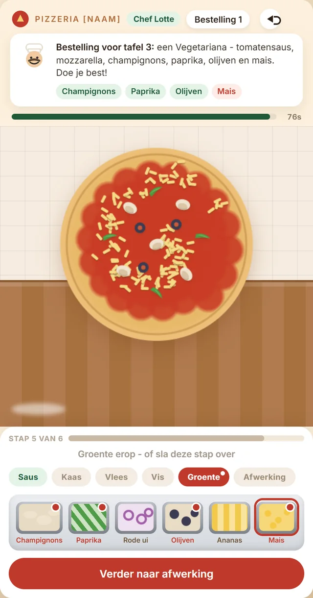 Het pizzaspel: een kind belegt de pizza aan de werkbank